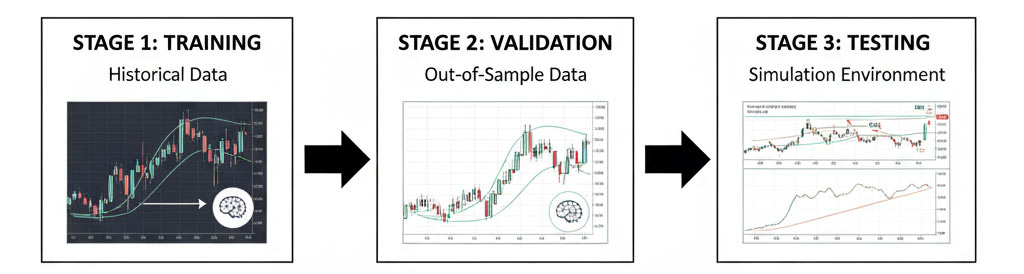 Train on historical futures market data to learn the core pattern. Validate on out-of-sample data to ensure generalization. Test rl trading agent in simulation with realistic market dynamics
